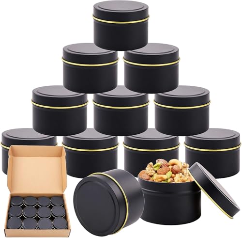 Metal Tins, 12 Pieces 4 oz Round Candle Jar, Screw Lid Metal Storage Tins Jars, Empty Containers for Candles, DIY, Craft, Jewelry Storage, Cosmetic (Black)