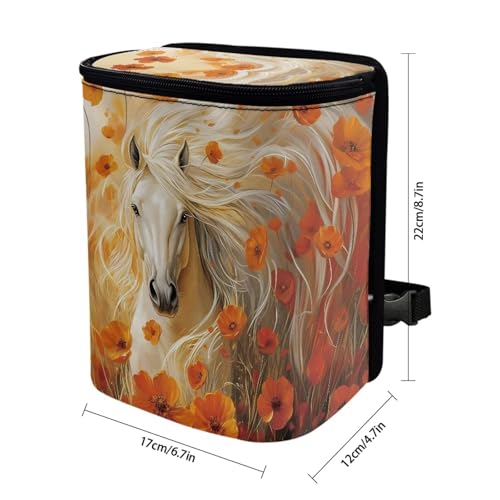 Image of Talayituse Horse Floral Print Car Trash Can with Lid, Leak Proof Auto Trash Bag Hanging Vehicle Garbage Can Multipurpose Storage Container for Back Seat Road Trip