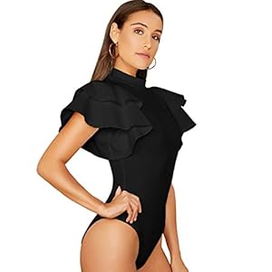 SOLY-HUX-Womens-Mock-Neck-Ruffle-Butterfly-Sleeve-Skinny-Bodysuit SOLY HUX Women's Mock Neck Ruffle Butterfly Sleeve Skinny Bodysuit Black M