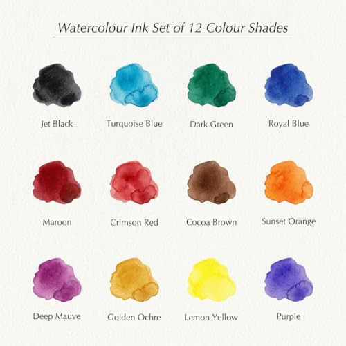 Image of Isomars Water Colour Ink Set of 12 Vibrant Professional Liquid Watercolors (35ml Bottles) with Droppers - Transparent Inks for Calligraphy, Illustration, Airbrushing & Painting