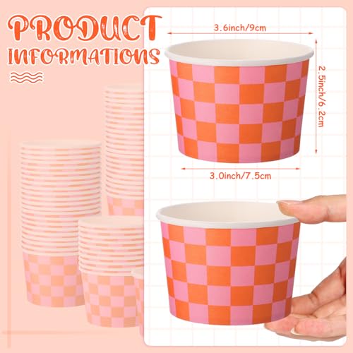 Image of Zopeal 50 Count Orange and Pink Checkered Ice Cream Cups Paper Race Car | Dessert Bowls 9 oz, Disposable Ice Cream Bowls, Birthday Party Supplies, Snack Cups Sundae Picnic Yogurt Bowls for Food