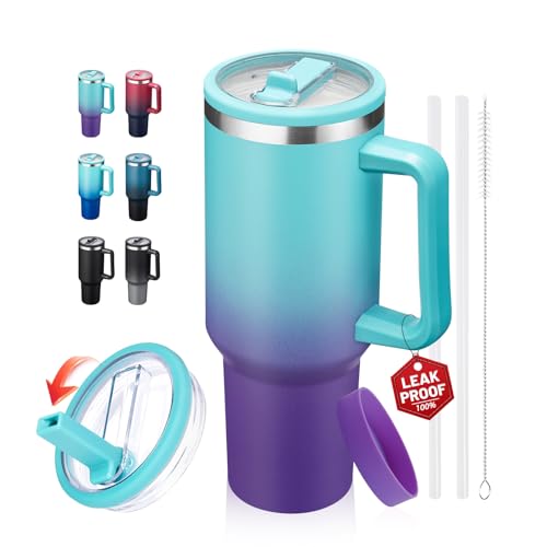 Image of ICIOI 40oz Stainless Steel Tumbler with Handle, Flip Straw Lid, Spill Proof Metal Mug (Cold-34H, Hot-10H) - Travel Coffee Cup That Fits in Cup Holder, for Gym & Work