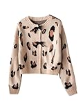 BEAUDRM Girl's Cheetah Cardigan Sweater Bow Crop Cardigans Leopard Print Sweaters Long Sleeve Crew Neck Button Front Knit Top Apricot 8 Years