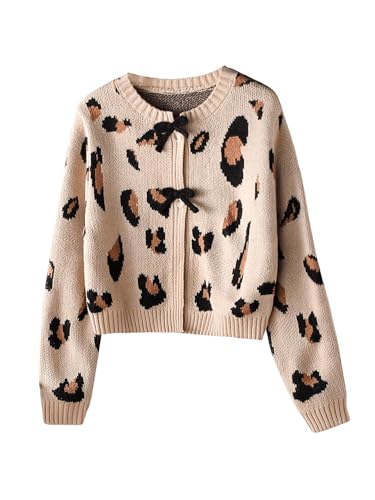 BEAUDRM Girl's Cheetah Cardigan Sweater Bow Crop Cardigans Leopard Print Sweaters Long Sleeve Crew Neck Button Front Knit Top Apricot 8 Years