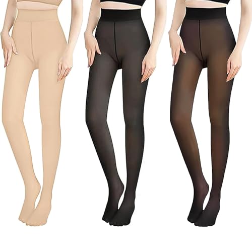 El Mejor Listado de Medias para Mujer disponible en línea. 47 3 Piezas Medias Termicas Mujer Afelpadas, Mallas Termicas Afelpadas Mujer, Leggins Térmicas Frio Translúcido, Pantimedias Invierno Cómoda y Caliente (Negro+Piel+Negro)