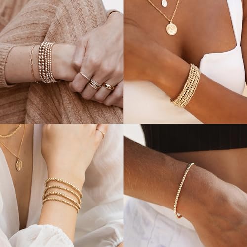 CONRAN KREMIX Gold Beaded Bracelets Set For Women 14K Gold Bead Stackable Stretch Summer Bracele Jewelry For Women 5PCS Set3