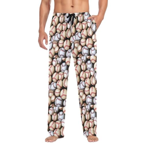 Men's Baseball Balls Pattern Pajama Pants with Pockets - Straight Fit Cotton Sleep Bottoms for Lounge & Nightwear#46