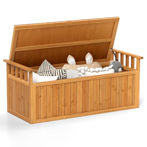 COSTWAY Gartenbox Holz, 209 L Auflagenbox mit Armlehnen & Deckel & Griff, 2-Sitzer Bank, Gartenbank...