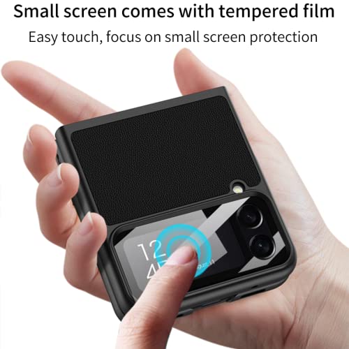 Capa de couro para Samsung Galaxy Z Flip 4, capa de couro protetora de tela externa de vidro tempera