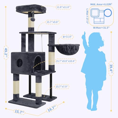 Image of Heybly Cat Tree with Toy, 49.2 inch Cat Tower for Indoor Cats HCT200SG | Spacious Cat House Condo with Hidden Space，Soft Plush Top Perch，Cozy Hammock and Sisal Scratching Posts, Smoky Gray