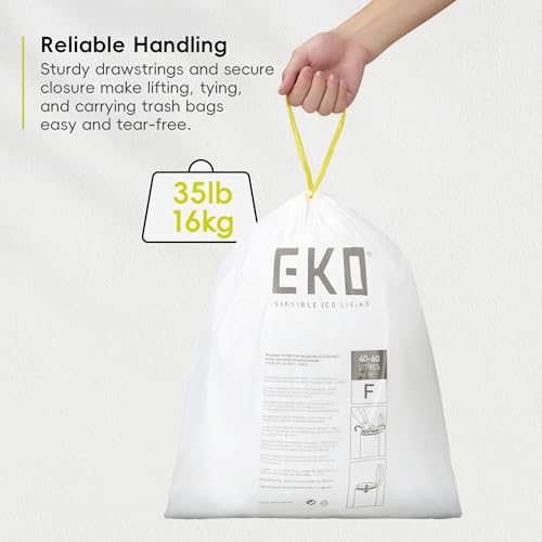 Image of EKO 13 Gallon / 40-60 Liter,110 Count Drawstring Trash Bags, Extra-Strong Unscented Garbage Bags, Easy-Dispense Roll for Kitchen & Household Use, Resists Tears, Leaks and Punctures, Code F, White