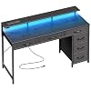 Huuger Gaming Desk with 6 Drawers, Computer Desk with LED Lights Power Outlets and Type-C, 47 Inch Office Desk with Storage, Monitor Stand, Writing Desk Work Desk Home Office, Bedroom, Study, Black