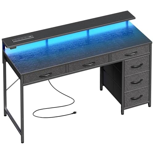 Huuger Gaming Desk with 6 Drawers, Computer Desk with LED Lights Power Outlets and Type-C, 47 Inch Office Desk with Storage, Monitor Stand, Writing Desk Work Desk Home Office, Bedroom, Study, Black