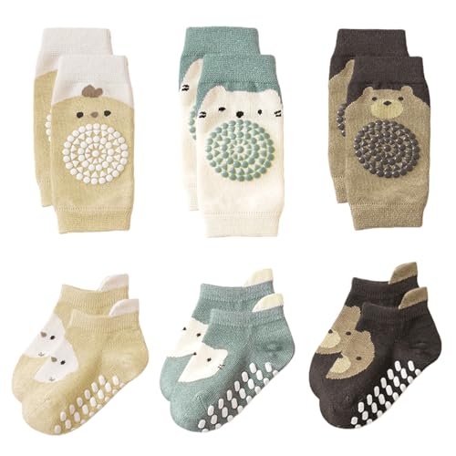 BLNC 3 Pares de Rodilleras y Calcetines para Bebé, Set de Gateo, Diseño Divertido y Ligero, Cómodo para Aprender a Caminar, Adecuado para 0-12 Meses