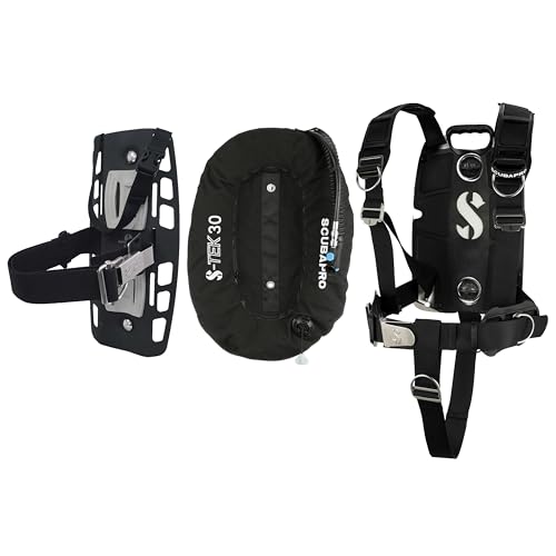 SCUBAPRO S-Tek Pro System for Technical Scuba Diving, Harness with Back Plate in Stainless Steel, Donut Wing 30 lbs/13 kg, Single Tank Adapter, Includes Black Color Kit