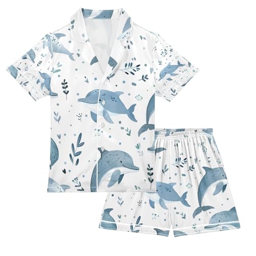 senya Whale Grass Satin Summer Pajama Sets Silk Short Sleeve Button Down Sleepwear