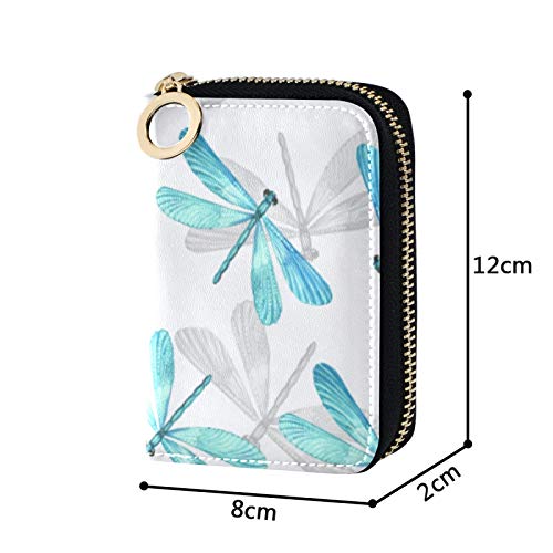 MOYYO RFID Credit Card Holder Case Watercolor Blue Dragonfly Leather Printed Zipper Card Case Wallet for Women Girls4