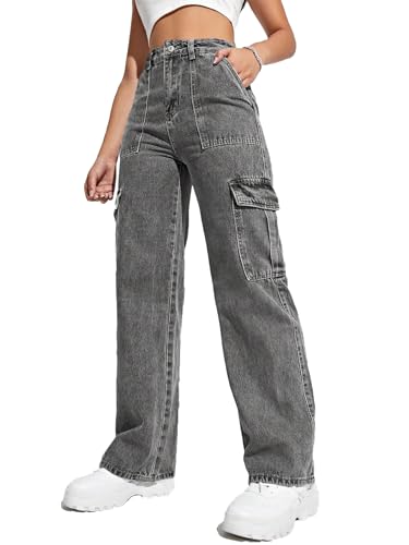 SweatyRocks Women's High Waist Cargo Jeans Flap Pocket Wide Leg