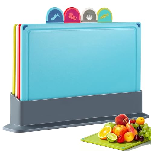 Pleafind Colour Coded Chopping Boards - 4 Pcs Plastic Chopping Board Set with Storage Stand Juice Grooves & Non-Slip Cutting Board That Prevents Food Cross Contaminaton Dishwasher Safe