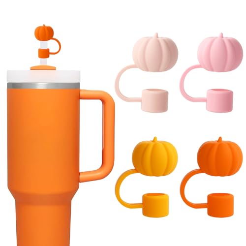 Whaline 4Pcs Fall Straw Cover Cap Orange Pink Pumpkin Silicone Reusable Straw Topper Halloween Thanksgiving 10mm/0.4In Straws Lid Protector for 30/40 oz Tumbler Cup Accessories
