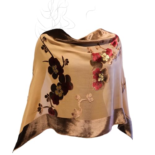 Silk Base Burn-out Velvet Shawl, 71" Lx21 W, Plum and Crane pattern with Beads Adorned, Multiple Brown2