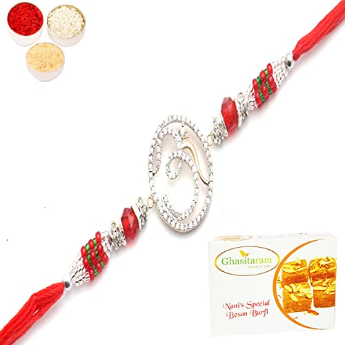 Ghasitaram Gifts Rakhi for Brother Rakhis Online – The Divine Grace of Om Diamond Rakhi with 400 gms of Besan Barfi Ghasitaram Gifts Rakhi for Brother Rakhis Online – The Divine Grace of Om Diamond Rakhi with 400 gms of Besan Barfi