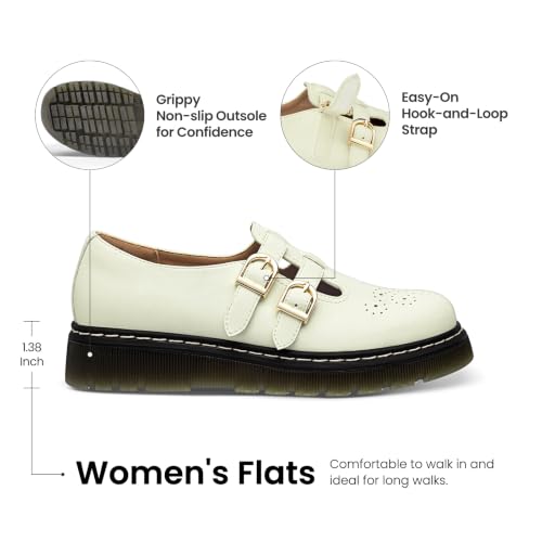 Image of Athlefit Women's Mary Jane Flats Platform Round Toe Comfortable Dressy Adjustable School Office Work Flat Shoes