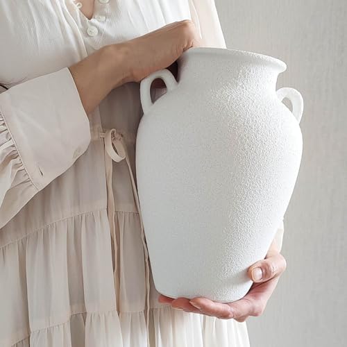 White Ceramic Pottery Barn Vase with Handles - 10' Large Decorative Terracotta Vase for Pampas Grass, Rustic Farmhouse Boho Vases for Home Decor, Living Room, Mantel, Table, Shelf