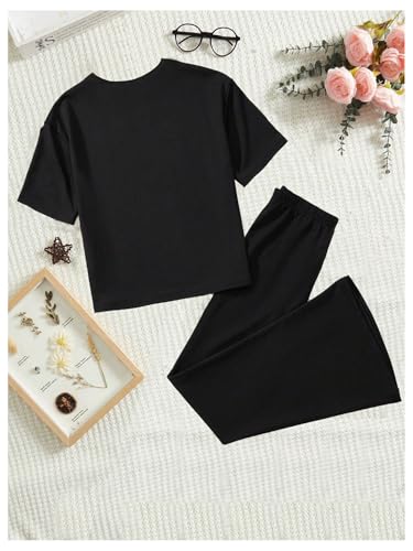 Image of SweatyRocks Girl's 2 Piece Outfits Y2k Star Graphic Short Sleeve T Shirt and Flare Pants Set Black 12Y