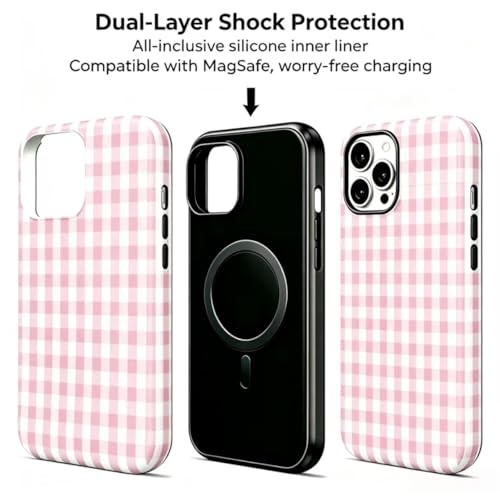 Image of for iPhone 13 /14 Case Cute Phone Case,Compatible with MagSafe,Dual Layer Shockproof Protective Phone Cover,Hard Shell + Silicone Cover,Fashion Design for Women Girls,Pink and White Plaid