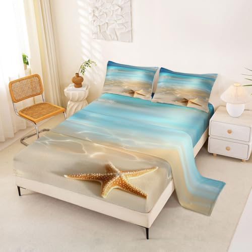 Image of jejeloiu Beach Scenery Bed Sheets Set Full Size Ocean Bed Set Coastal Nautical Deep Pocket Fitted Sheet Starfish Seashell Conch Breathable Soft Lightweight Microfiber