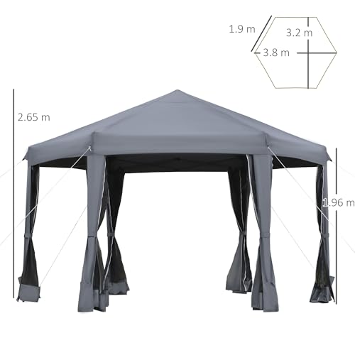 Outsunny 3.8m x 3.2m Pop Up Gazebo Hexagonal Canopy Tent Outdoor Sun Protection with 6 Mesh Sidewalls, Hand Bag, Grey - Image 7