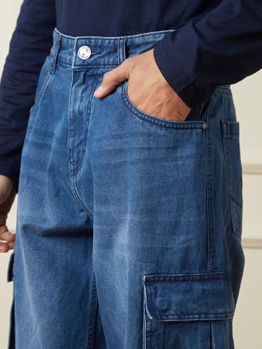Image of WROGN Men's 100% Cotton Cargo Jeans | Solid | Loose Fit