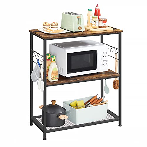 VASAGLE Estante Kitchen Island, Estante Baker, Soporte para microondas, con Marco de Metal, 3 estantes Abiertos, 6 Ganchos, 80 x 40 x 90 cm, Industrial, rústico, marrón y Negro KKI002B01
