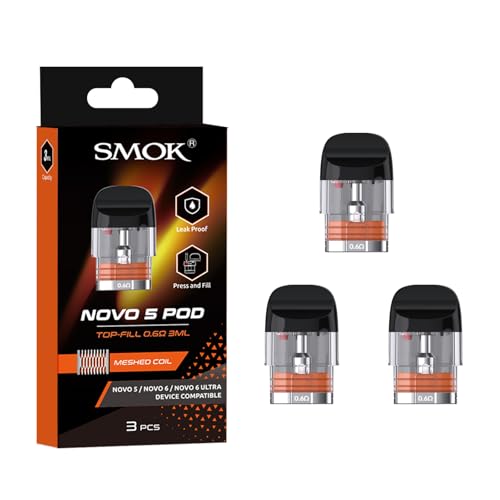 SMOK Novo 5 Pods 3 Pack 0.6ohm Integrated Mesh Coil Cartridge for MTL Vaping Refillable Transparent Tank Leak-Proof Design compatible with NOVO 6 and novo 5 2ml NO Nicotine
