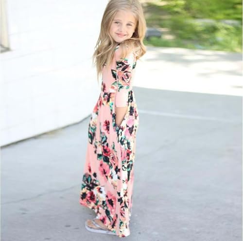 Girls Floral Maxi Dress Flower Printed 3/4 Sleeves Clothing with Pockets Summer Outfits3