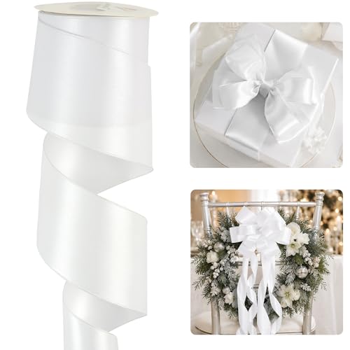HUIHUANG White Wired Satin Ribbon 2.5 inch White Double-Faced Satin Wire Ribbon for Bows Making Wreaths Gift Wrapping Holiday Home Decor Crafts Christmas Tree Bows-Continous 10 Yards