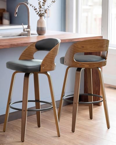 Image of AQG Swivel Bar stools Set of 2 Bar Chairs 30 inch Counter Height Mid-Century Modern Bentwood Barstool PU Leather Upholstered Bar Chair with Back and Footrest, for Bar, Cafe, Dining, Kitchen Island, Black
