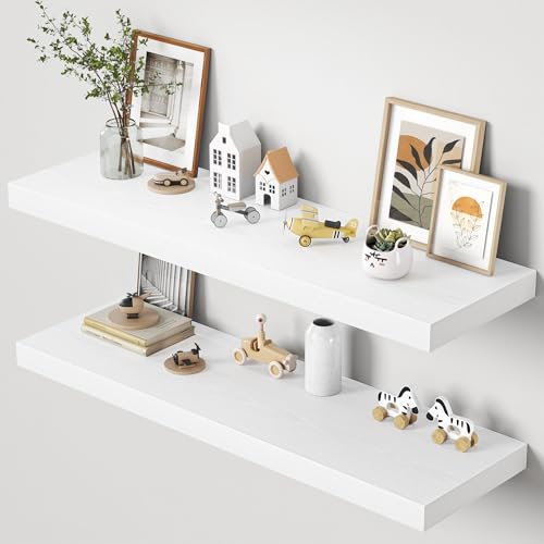 Image of Dreamland 48 inch Floating Shelves for Wall, 12 inch Deep Thicker White Floating Shelves, Wall-Mounted Shelves for Bedroom, Living Room, Kitchen, Bathroom - Set of 2
