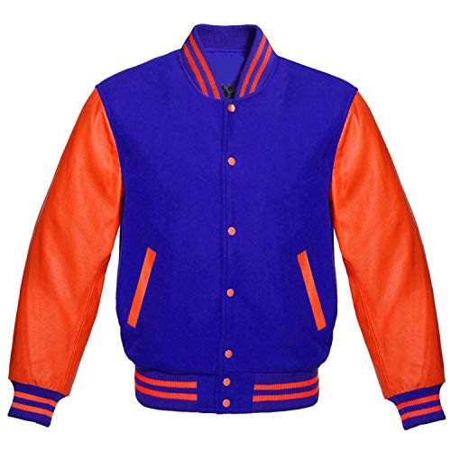Image of CHICAGO-FASHIONS Mens Blue Bomber Jacket - Orange School Teen College Letterman Varsity Jacket