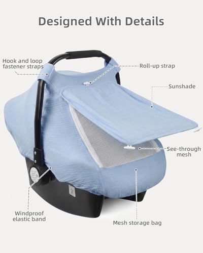 Image of Rquite Car Seat Cover Baby Girl Boy, 100% Muslin Cotton Carseat Covers, Breathable Infant Windproof Canopy with Mesh Window, Stroller Sun Shade for Summer & Hot Day, Baby Blue