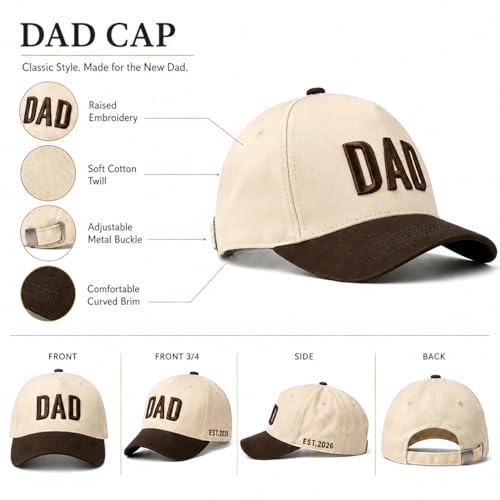 Image of DAD Hat for Men, Adjustable Embroidered Cap with EST 2026, First for New Dad