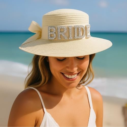 Image of Wanna Party Bride Sun Hat Brim Straw Floppy Bride Beach Hat for Women Bridal Honeymoon Wedding Party, Engagement, Bridal Shower,Bachelorette Party