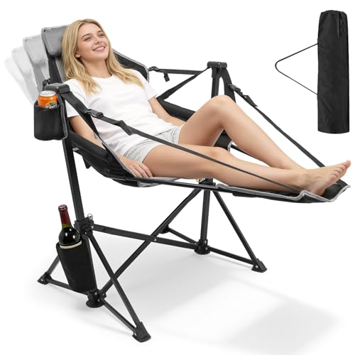 ZENPETIO Hammock Camping Chair with Footrest Oversized Portable Folding Camp Chairs for Adults Heavy Duty Outdoor Rocking Camp Chair with Cup Holder & Pillow for Beach Patio Lawn 500 LBS