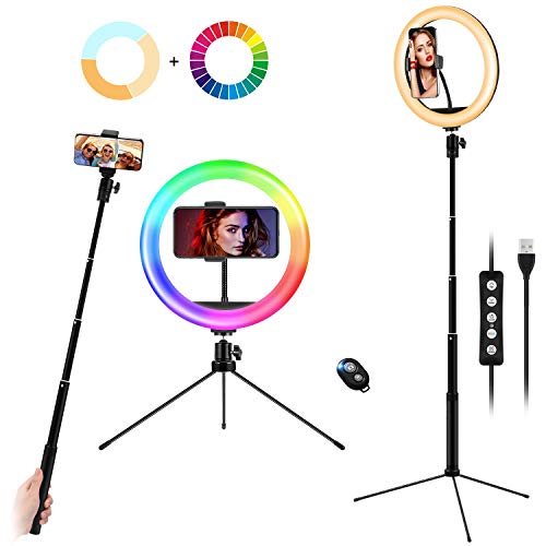 Anillo de Luz de 10 con Palo de Selfie Soporte para Trípode y para Teléfono, Luz Circular de Iluminación de 15 RGB, Aro de Luz Escritorio Ajustable en Altura con Control Remoto para YouTube, TikTok