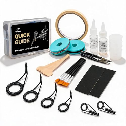 FishTrip Fishing Rod Guides Tips Repair Kit, Fishing Pole Complete Supplies Kit Replacement with 8 Size Pole Guides, 9 Size Tips, Epoxy Adhesive, Glue, Wrapping Thread, Tape for Freshwater Saltwater