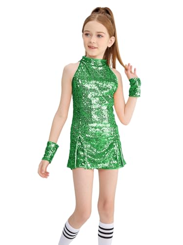LOLANTA Mädchen Pailletten-Kostüm Hip Hop Dancewear Funkelndes Tanzkleid Gesetzt, Grün, 8-9 Jahre, 140