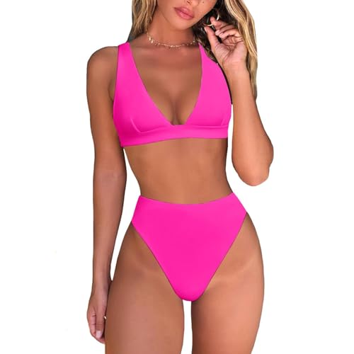Cool Summer Conjunto de Bikini de Tanga de Talle Alto para Mujer, Top Triangular Brasileño Sexy, Trajes de Baño de Dos Piezas Con Cuello En V Profundo, Adecuado para Fiestas En La Playa