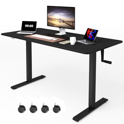 Whole Piece Manual Standing Desk Adjustable Height with Lockable Casters- Hand Crank Stand up Desk with Wheels, Mobile Sit to Stand Workstation with Handle