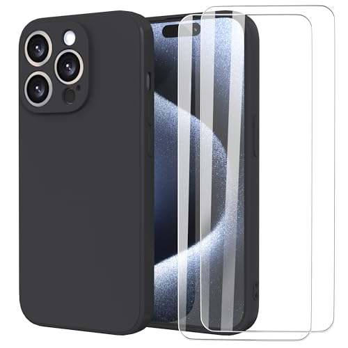 MIKULLE Funda para iPhone 15 Pro (6.1') con 2 Unidades Cristal Templado,Rojodp Ultra Slim Protectora Funda de Silicona Líquida Suave Case Cover para iPhone 15 Pro - Negro